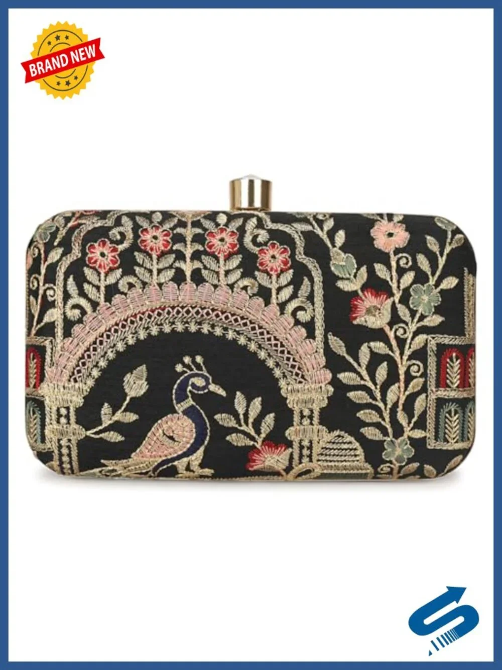 Embroidered Box Clutch Evening Bag with Crystal Clasp & Chain Strap
